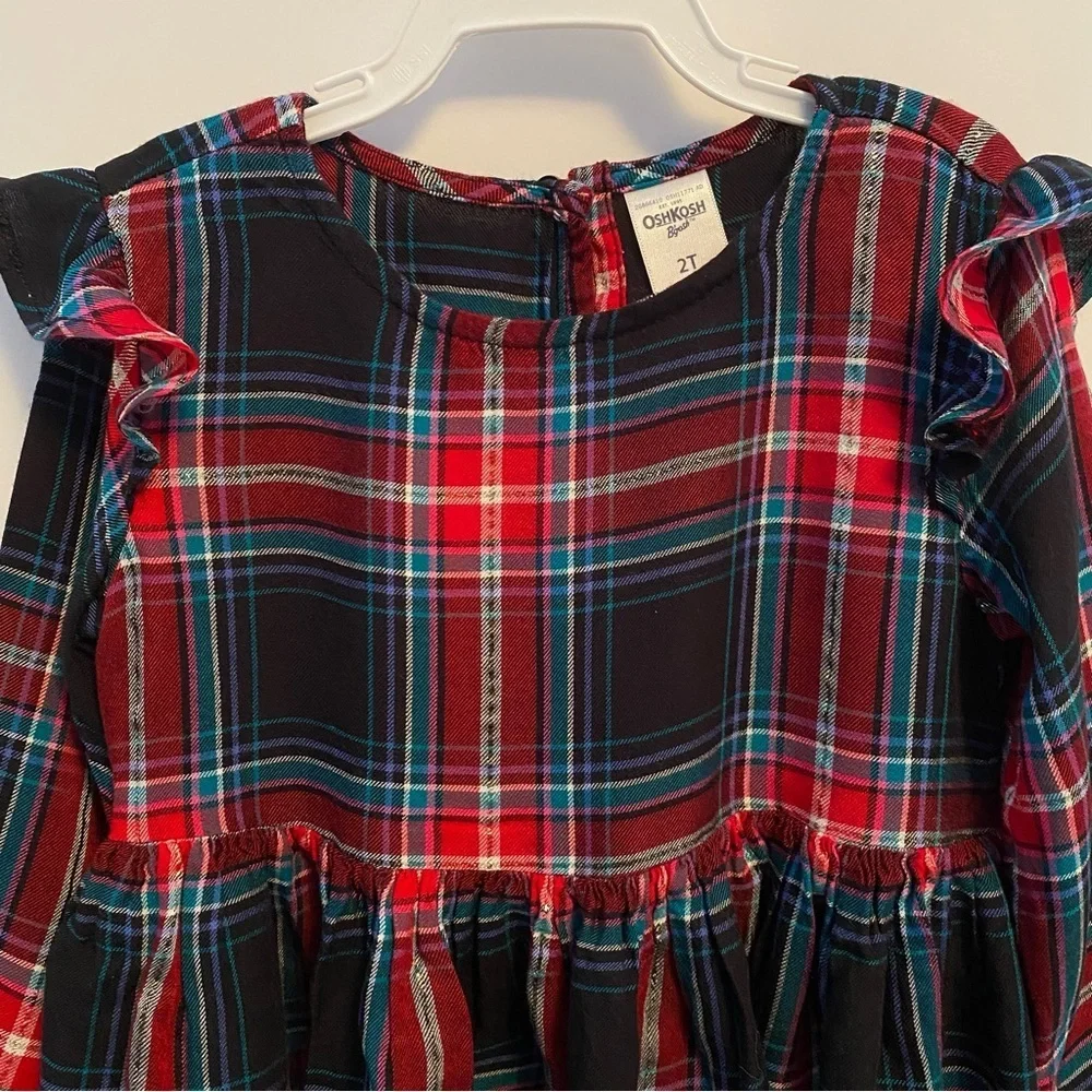 OshKosh B'gosh Toddler Girls Plaid Long Sleeve Shoulder Ruffle Dress Size 2T